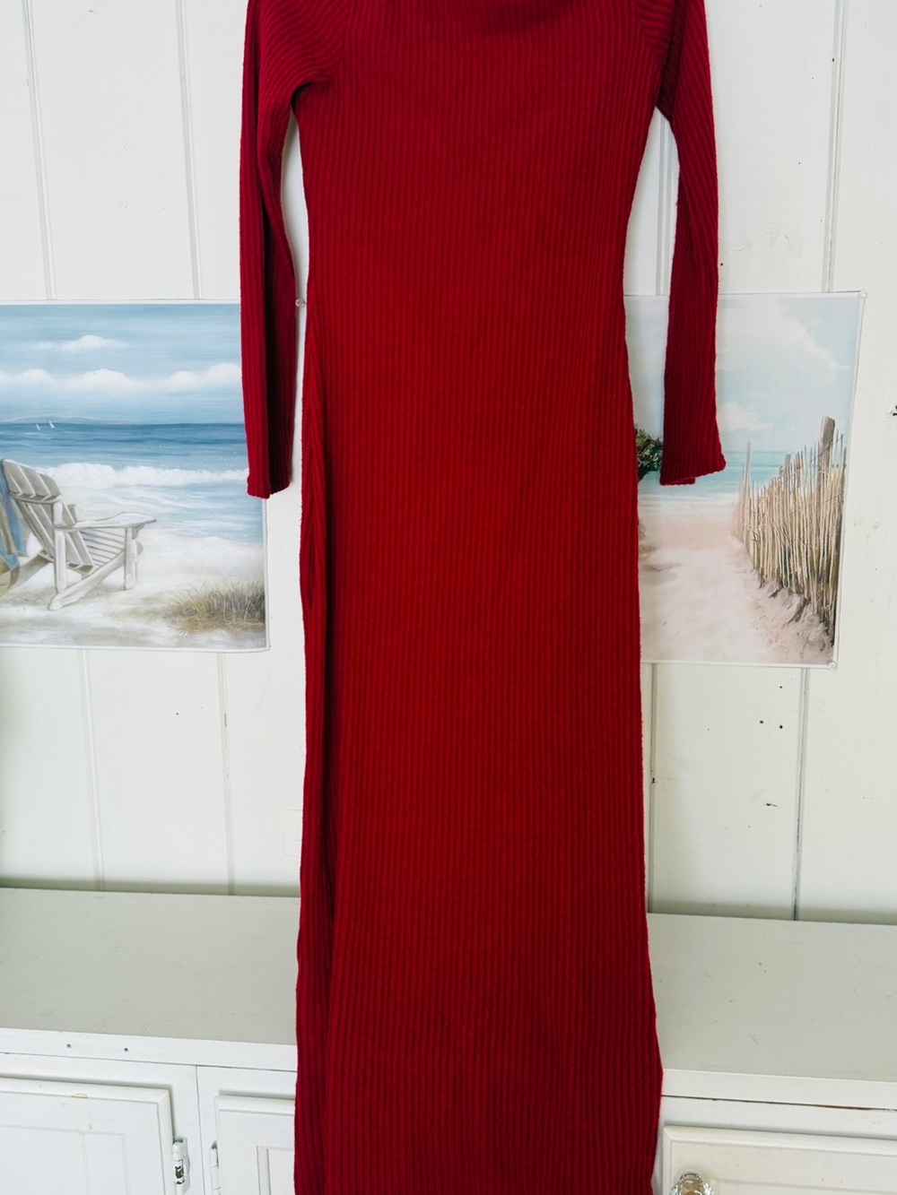 Long Ribbed Red Maxi Dress - Women